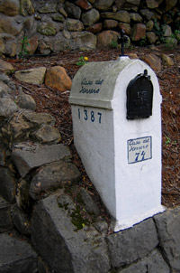 the Casa del Herrero mailbox on San Ysidro Road in Montecito, California. Mailbox designed by architect George Washington Smith