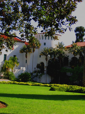 The Santa Barbara Courthouse and green grass lawns in Santa Barbara, California