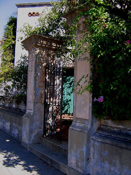 The iron gate entrance to the George Washington Smith architect designed Meridian Studios located in Santa Barbara California
