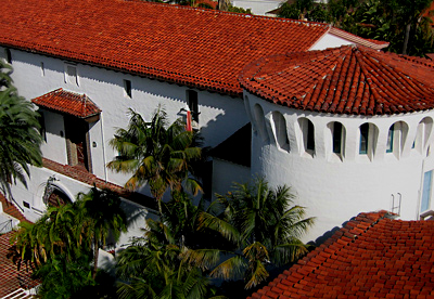the red tile roof and tower at the Santa Barbara courthouse in Santa Barbara, California