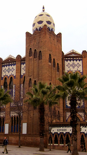 The tower with tiled egg at La Plaza de Toros Monumental de Barcelona in Barcelona, Spain