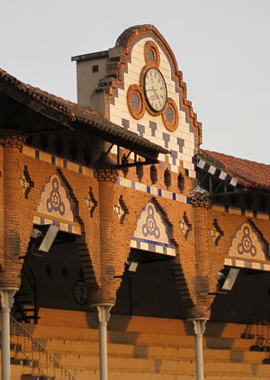The clock at the arena of La Plaza de Toros Monumental de Barcelona in Barcelona, Spain