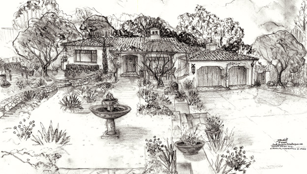 A hand drawn small Spanish style home with two car garage design rendering by Santa Barbara California Home Designer Jeff Doubet
