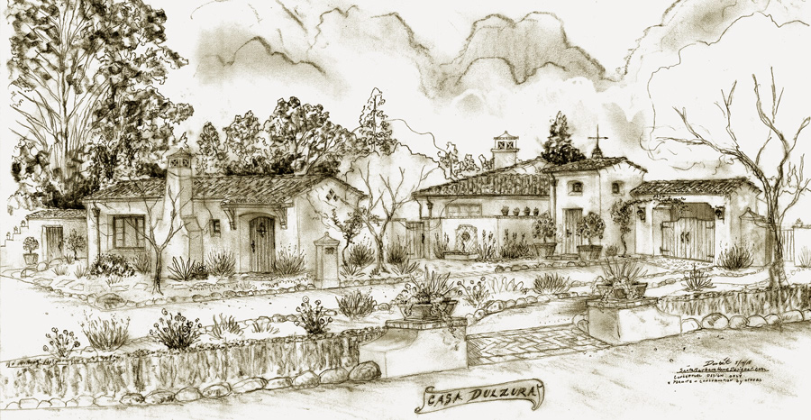 Jeff Doubet hand drawn rendering of Spanish home and guest house